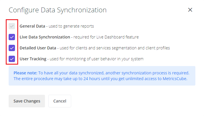 Configuration of Data Synchronization at WHMCS Connector - MetricsCube