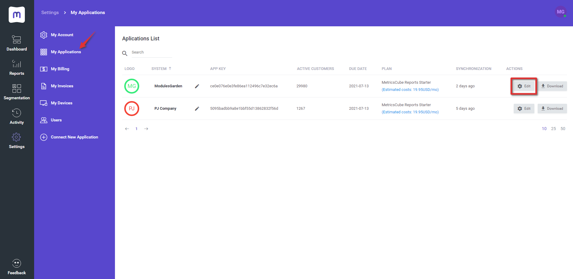 My Applications at Settings - MetricsCube